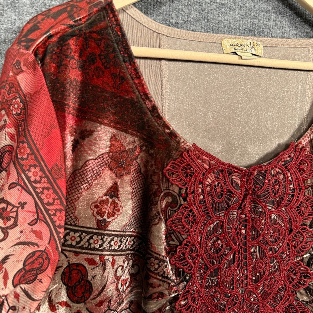 One World Plus Size 2X Studded Embroidered Tunic Top Brown Whimsigoth Dark Fairy - Picture 4 of 10